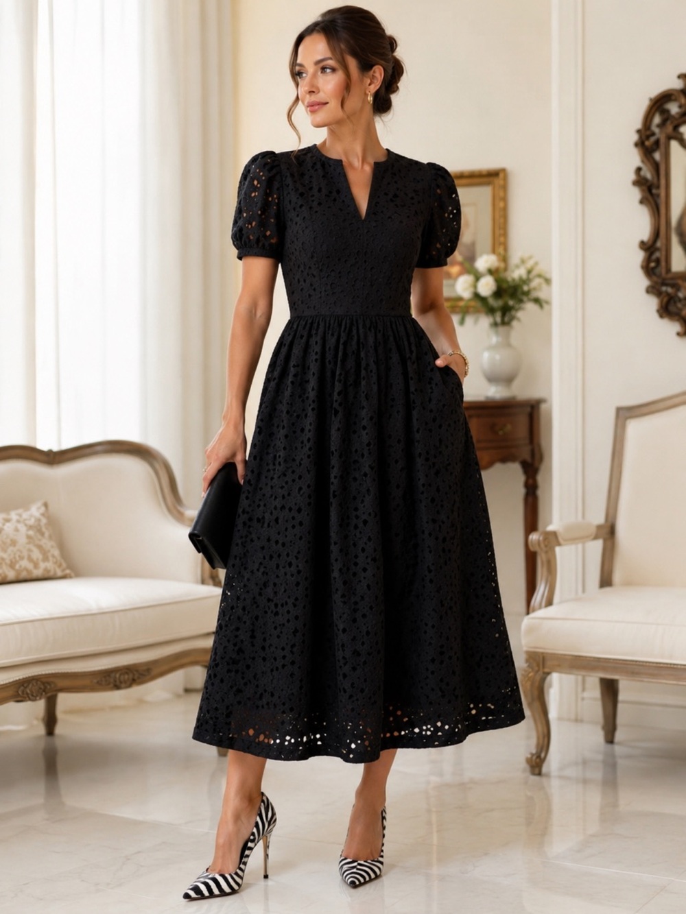 J.Crew Black Eyelet Midi Dress Puff Sleeve Fit & Flare NWT Size 00
